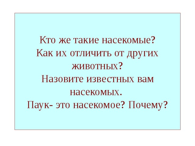 Кто же такие насекомые?  Как их отличить от других животных?  Назовите известных вам насекомых.  Паук- это насекомое? Почему?