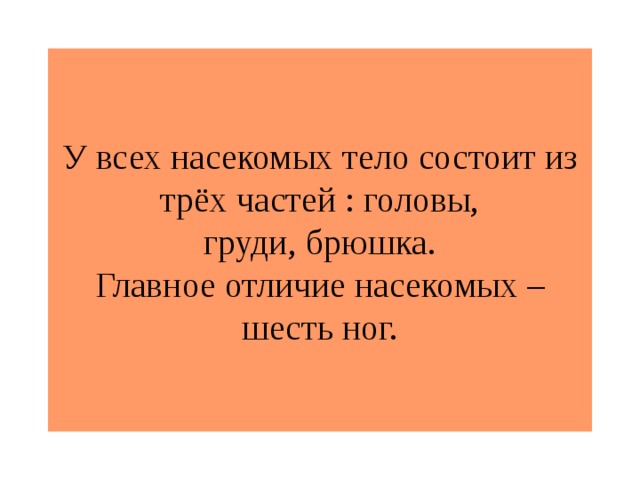 У всех насекомых тело состоит из трёх частей : головы,  груди, брюшка.  Главное отличие насекомых – шесть ног.