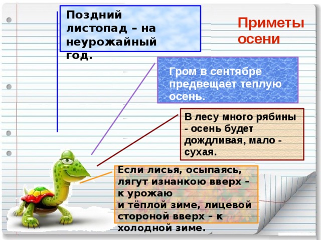 Поздний листопад – на неурожайный год. Приметы осени Гром в сентябре предвещает теплую осень. В лесу много рябины - осень будет дождливая, мало - сухая. Если лисья, осыпаясь, лягут изнанкою вверх – к урожаю и тёплой зиме, лицевой стороной вверх – к холодной зиме.