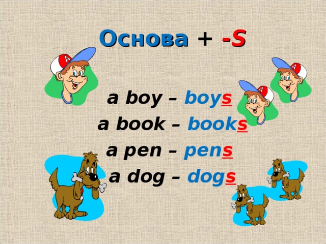 Основа + -S  a boy – boy s  a book – book s a pen – pen s  a dog – dog s