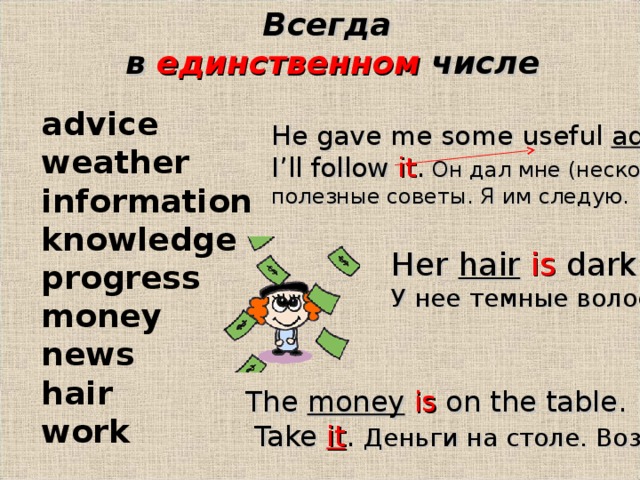 Всегда в единственном числе advice weather information knowledge progress money news hair  work He gave me some useful advice . I’ll follow it . Он дал мне (несколько )  полезные советы. Я им следую. Her hair  is dark. У нее темные волосы The money  is on the table.  Take it .  Деньги на столе. Возьми их