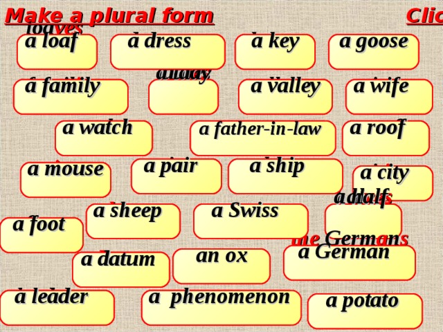 Make a plural form  Click on any word a loaf  loa v es   key s   a key  g ee se    a goose  dre ss es   a dress  famil i es   a family  a lady  lad i es   a valley  a wife  valley s   wi v es   father s- in-law  a father-in-law  a roof  roof s a watch  watch es   a pair  pair s   a ship  ship s   mice  a mouse   cit i es   a city  hal v es   a half  a sheep  sheep  a Swiss  the  Swiss  a foot  f ee t  the  Germ a n s  a German   ox en   an ox  a datum  data   leader s   a phenomenon  phenomen a a leader  potato es   a potato