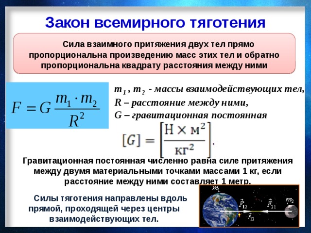 Закон всемирного тяготения  Сила взаимного притяжения двух тел прямо пропорциональна произведению масс этих тел и обратно пропорциональна квадрату расстояния между ними m 1 , m 2 - массы взаимодействующих тел, R – расстояние между ними, G – гравитационная постоянная    Гравитационная постоянная численно равна силе притяжения между двумя материальными точками массами 1 кг, если расстояние между ними составляет 1 метр.  Силы тяготения направлены вдоль прямой, проходящей через центры взаимодействующих тел.