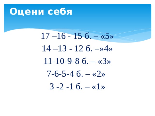 Оцени себя   17 –16 - 15 б. – «5»  14 –13 - 12 б. –»4» 11-10-9-8 б. – «3» 7-6-5-4 б. – «2» 3 -2 -1 б. – «1»