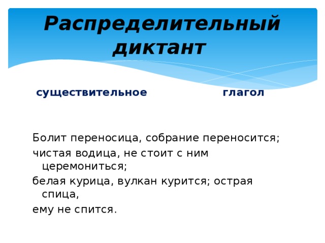 Распределительный диктант  существительное глагол Болит переносица, собрание переносится; чистая водица, не стоит с ним церемониться; белая курица, вулкан курится; острая спица, ему не спится.