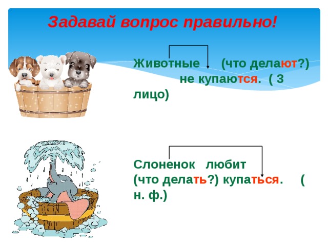 Задавай вопрос правильно! Животные (что дела ют ?) не купаю тся . ( 3 лицо) Слоненок любит (что дела ть ?) купа ться . ( н. ф.)