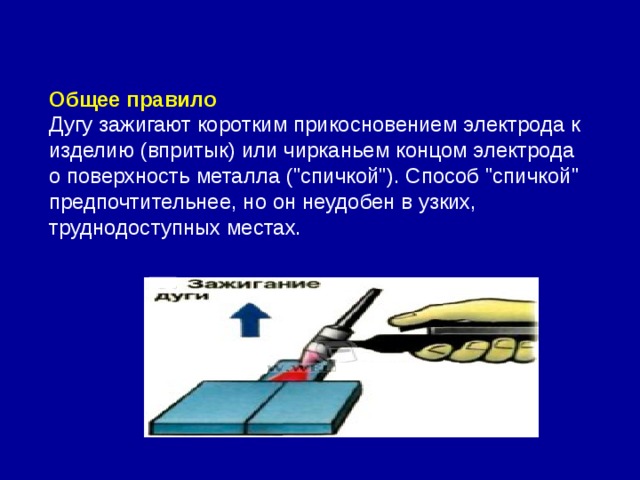 Общее правило Дугу зажигают коротким прикосновением электрода к изделию (впритык) или чирканьем концом электрода о поверхность металла (