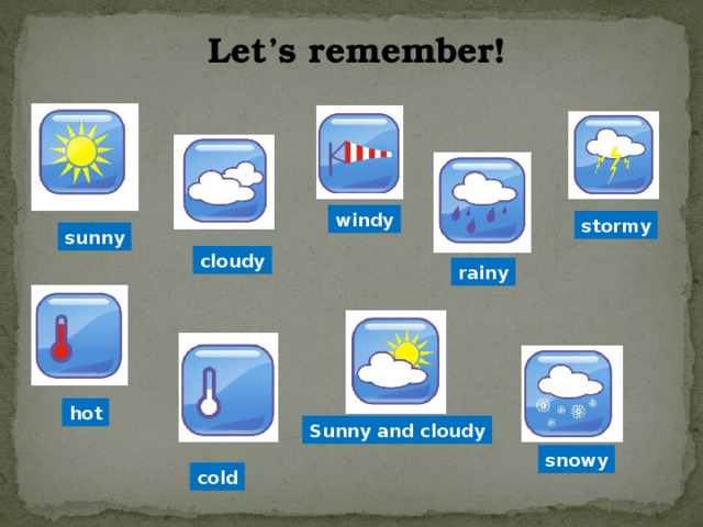 Let’s remember!  windy stormy sunny cloudy rainy hot Sunny and cloudy snowy cold
