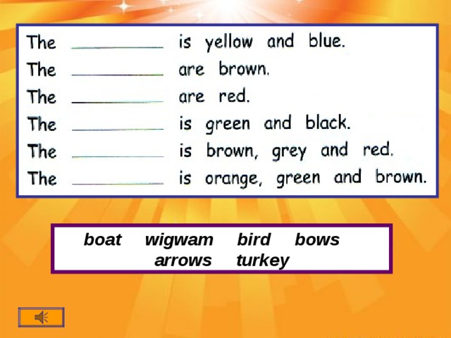 boat wigwam bird bows arrows turkey