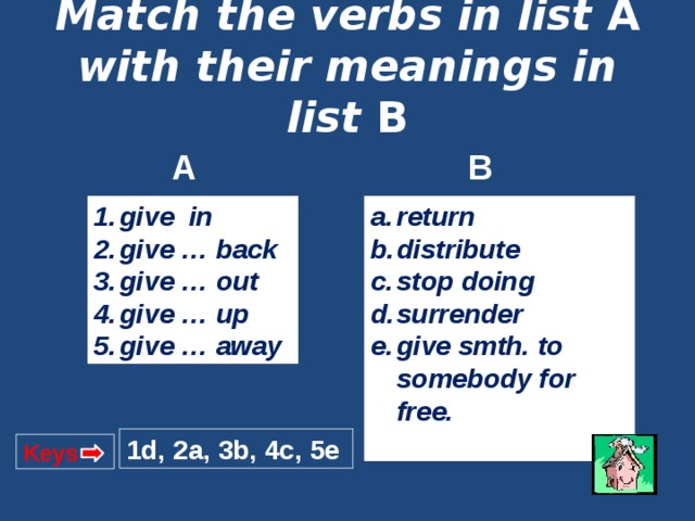 Match the verbs in list A with their meanings in list B A B give in give … back give … out give … up give … away return distribute stop doing surrender give smth. to somebody for free. 1d, 2a, 3b, 4c, 5e Keys