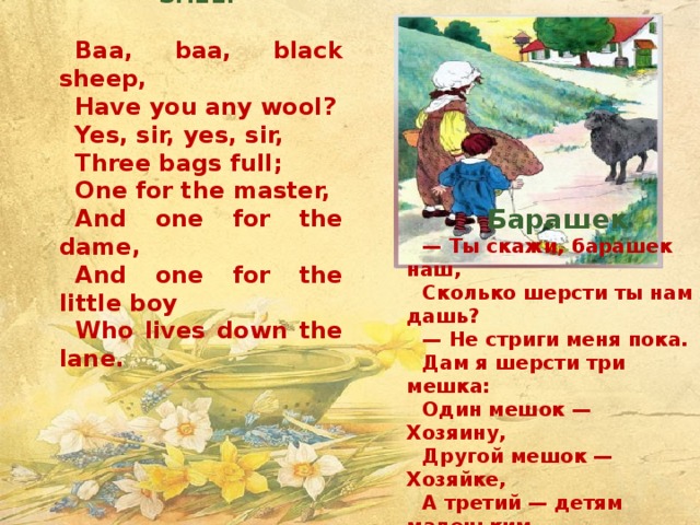 BAA, BAA, BLACK SHEEP  Baa, baa, black sheep, Have you any wool? Yes, sir, yes, sir, Three bags full; One for the master, And one for the dame, And one for the little boy Who lives down the lane.      Барашек — Ты скажи, барашек наш, Сколько шерсти ты нам дашь? — Не стриги меня пока. Дам я шерсти три мешка: Один мешок — Хозяину, Другой мешок — Хозяйке, А третий — детям маленьким На теплые фуфайки!