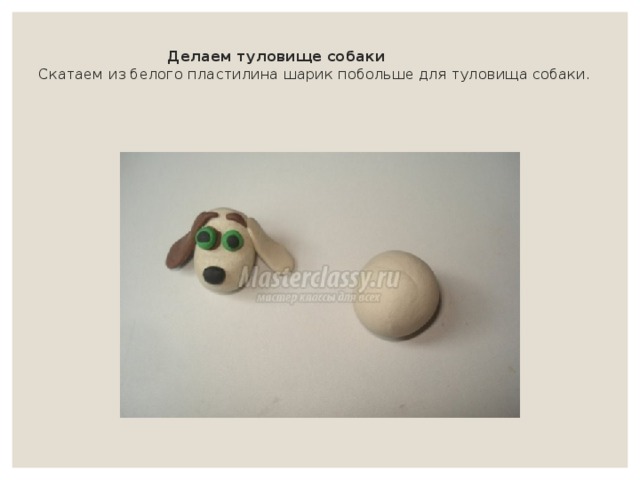 Делаем туловище собаки  Скатаем из белого пластилина шарик побольше для туловища собаки.