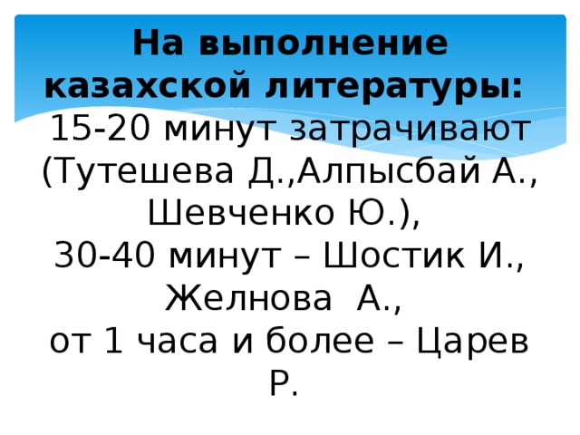 На выполнение казахской литературы:  15-20 минут затрачивают (Тутешева Д.,Алпысбай А., Шевченко Ю.),  30-40 минут – Шостик И., Желнова А.,  от 1 часа и более – Царев Р.