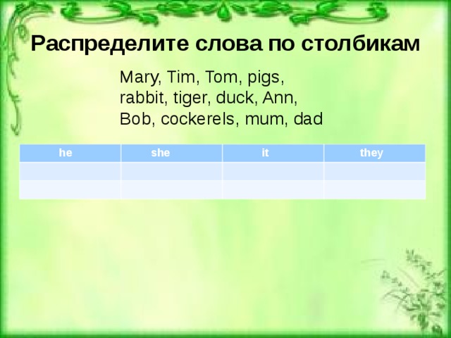 Распределите слова по столбикам Mary, Tim, Tom, pigs, rabbit, tiger, duck, Ann, Bob, cockerels, mum, dad  he  she  it  they
