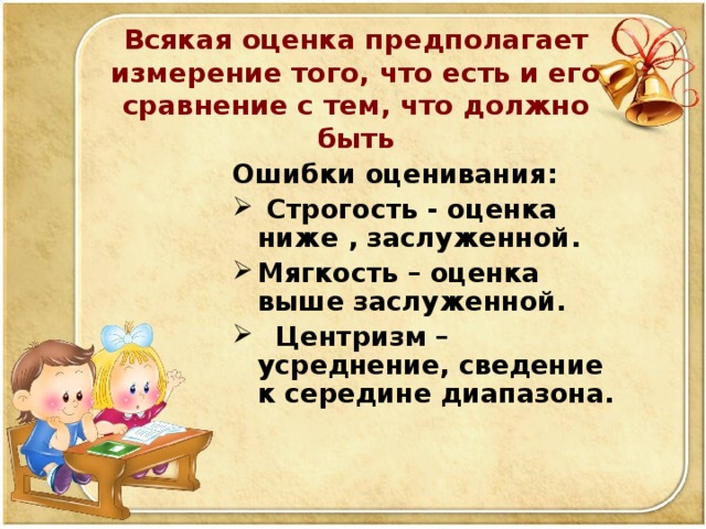 Всякая оценка предполагает измерение того, что есть и его сравнение с тем, что должно быть Ошибки оценивания :