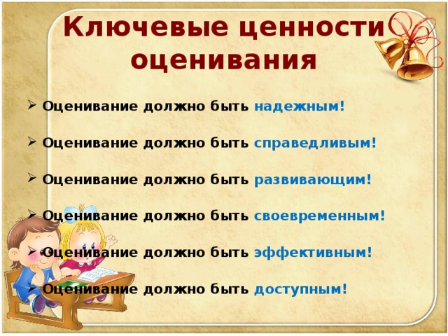 Ключевые ценности оценивания  Оценивание должно быть надежным!  Оценивание должно быть справедливым!  Оценивание должно быть развивающим!  Оценивание должно быть своевременным!  Оценивание должно быть эффективным!