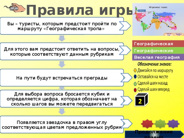 Правила игры Вы – туристы, которым предстоит пройти по маршруту «Географическая тропа» Географическая карта Для этого вам предстоит ответить на вопросы, которые соответствуют данным рубрикам Географические рекорды Веселая география На пути будут встречаться преграды Для выбора вопроса бросается кубик и определяется цифра, которая обозначает на сколько шагов вы можете передвигаться Появляется звездочка в правом углу соответствующая цветам предложенных рубрик Продолжение правил