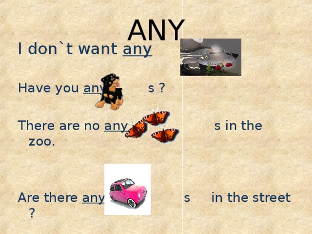 ANY I don`t want any  Have you any s ?  There are no any   s in the zoo. Are there any   s  in the street ?