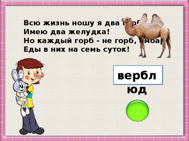 Всю жизнь ношу я два горба, Имею два желудка! Но каждый горб - не горб, амбар! Еды в них на семь суток! верблюд