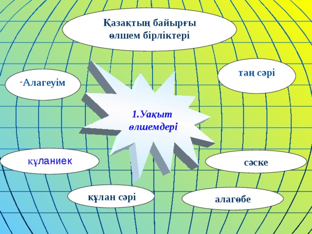 Қазақтың байырғы өлшем бірліктері  1.Уақыт  өлшемдері таң сәрі “ Алагеуім  құланиек сәске  құлан сәрі алагөбе