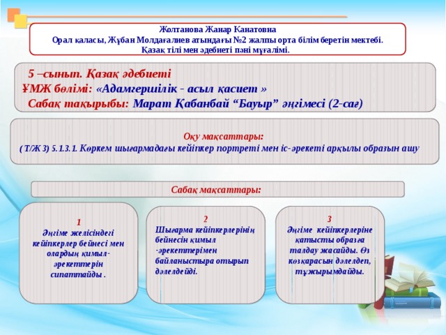 Жолтанова Жанар Канатовна Орал қаласы, Жұбан Молдағалиев атындағы №2 жалпы орта білім беретін мектебі. Қазақ тілі мен әдебиеті пәні мұғалімі.   5 –сынып. Қазақ әдебиеті ҰМЖ бөлімі: «Адамгершілік - асыл қасиет »  Сабақ тақырыбы: Марат Қабанбай “Бауыр” әңгімесі (2-сағ)  Оқу мақсаттары:  ( Т/Ж 3) 5.1.3.1. Көркем шығармадағы кейіпкер портреті мен іс-әрекеті арқылы образын ашу Сабақ мақсаттары: 1 Әңгіме желісіндегі кейіпкерлер бейнесі мен олардың қимыл- әрекеттерін сипаттайды .   2 3 Шығарма кейіпкерлерінің бейнесін қимыл -әрекеттерімен байланыстыра отырып дәлелдейді. Әңгіме кейіпкерлеріне қатысты образға талдау жасайды. Өз көзқарасын дәлелдеп, тұжырымдайды.