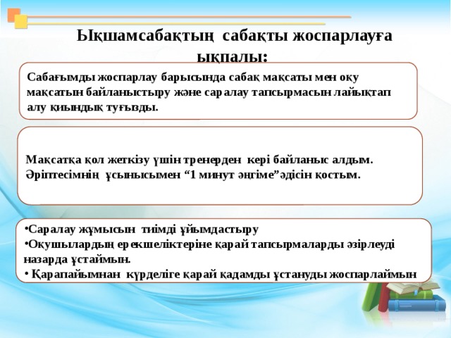 Ықшамсабақтың сабақты жоспарлауға ықпалы: Сабағымды жоспарлау барысында сабақ мақсаты мен оқу мақсатын байланыстыру және саралау тапсырмасын лайықтап алу қиындық туғызды. Мақсатқа қол жеткізу үшін тренерден кері байланыс алдым. Әріптесімнің ұсынысымен “1 минут әңгіме”әдісін қостым.