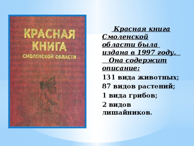 Красная книга Смоленской области была издана в 1997 году. Она содержит описание: 131 вида животных; 87 видов растений; 1 вида грибов; 2 видов лишайников.