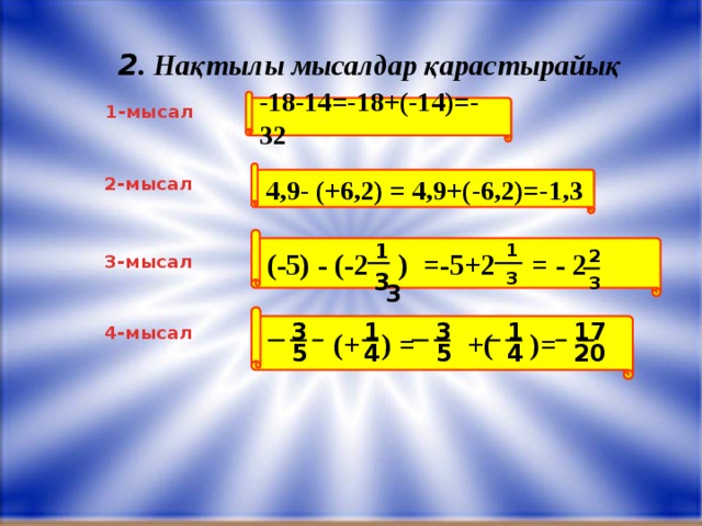 -18-14=-18+(-14)=-32 4,9- (+6,2) = 4,9+(-6,2)=-1,3 (-5) - (-2 ) =-5+2 = - 2  (+ ) = +( )= 2 . Нақтылы мысалдар қарастырайық 1-мысал 2-мысал 1 1 2 3-мысал 3 3 3 3 3 3 1 1 17 4-мысал 4 5 5 4 20
