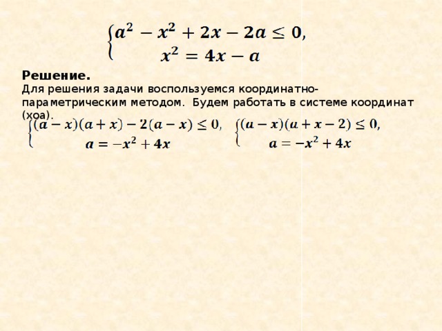 Решение. Для решения задачи воспользуемся координатно-параметрическим методом. Будем работать в системе координат (хоа).