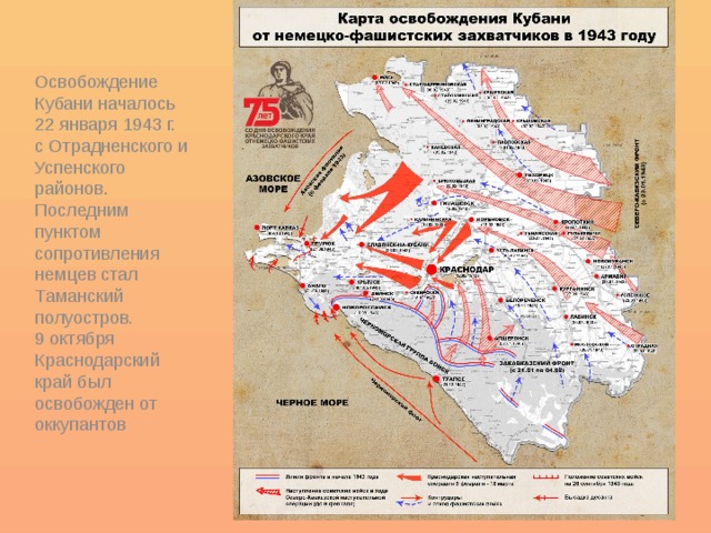 Освобождение Кубани началось 22 января 1943 г. с Отрадненского и Успенского районов. Последним пунктом сопротивления немцев стал Таманский полуостров. 9 октября Краснодарский край был освобожден от оккупантов