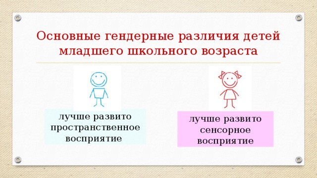 Основные гендерные различия детей младшего школьного возраста лучше развито пространственное восприятие лучше развито  сенсорное восприятие