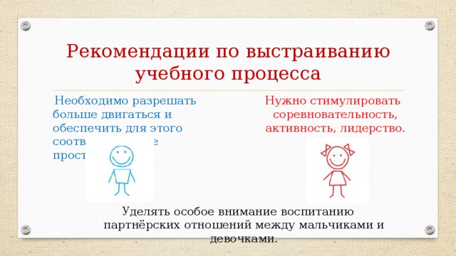 Рекомендации по выстраиванию учебного процесса  Необходимо разрешать больше двигаться и обеспечить для этого соответствующее пространство.  Нужно стимулировать соревновательность, активность, лидерство. Уделять особое внимание воспитанию партнёрских отношений между мальчиками и девочками.