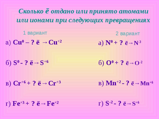 Сколько ē  отдано или принято атомами или ионами при следующих превращениях 1 вариант а) Cu 0 – ? ē →Cu +2 б) S 0 - ? ē →S +6 в) Cr +6 + ? ē →Cr +3 г) Fe +3 + ? ē →Fe +2 2 вариант а)  N 0 + ? ē →N -3  б)  O 0 + ? ē →O -2 в)  Mn +2 - ? ē →Mn +6 г)  S -2 - ? ē →S +6