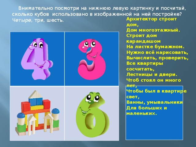 Внимательно посмотри на нижнюю левую картинку и посчитай, сколько кубов использовано в изображенной на ней постройке? Четыре, три, шесть. Архитектор строит дом,  Дом многоэтажный.  Строит дом карандашом  На листке бумажном.  Нужно всё нарисовать,  Вычислить, проверить,  Все квартиры сосчитать,  Лестницы и двери.  Чтоб стоял он много лет,  Чтобы был в квартире свет,  Ванны, умывальники  Для больших и маленьких.