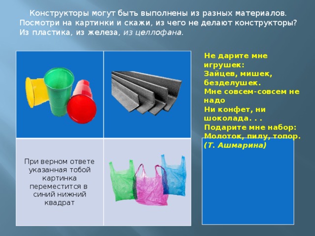 Конструкторы могут быть выполнены из разных материалов. Посмотри на картинки и скажи, из чего не делают конструкторы? Из пластика, из железа, из целлофана. Не дарите мне игрушек:  Зайцев, мишек, безделушек.  Мне совсем-совсем не надо  Ни конфет, ни шоколада. . .  Подарите мне набор:  Молоток, пилу, топор. (Т. Ашмарина) При верном ответе указанная тобой картинка переместится в синий нижний квадрат