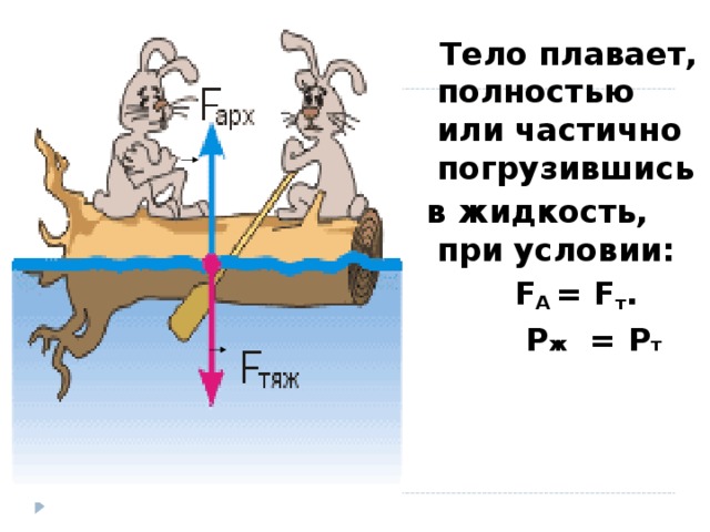 Тело плавает, полностью или частично погрузившись  в жидкость, при условии:   F A = F т .  Р ж = Р т