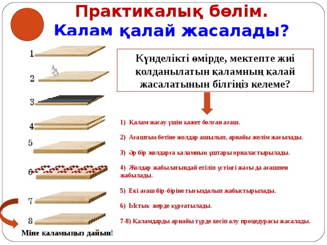 Практикалық бөлім.  Қалам қалай жасалады?   Күнделікті өмірде, мектепте жиі қолданылатын қаламның қалай жасалатынын білгіңіз келеме? 1)  Қалам жасау үшін қажет болған ағаш.   2)  Ағаштың бетіне жолдар ашылып, арнайы желім жағылады.   3)  Әр бір жолдарға қаламның ұштары орналастырылады.   4)  Жолдар жабылатындай етіліп үстіңгі жағы да ағашпен жабылады.   5)  Екі ағаш бір-біріне тығыздалып жабыстырылады.   6)  Ыстық  жерде құрғатылады.   7-8) Қаламдарды арнайы түрде кесіп алу процедурасы жасалады.      Міне қаламыңыз дайын !   