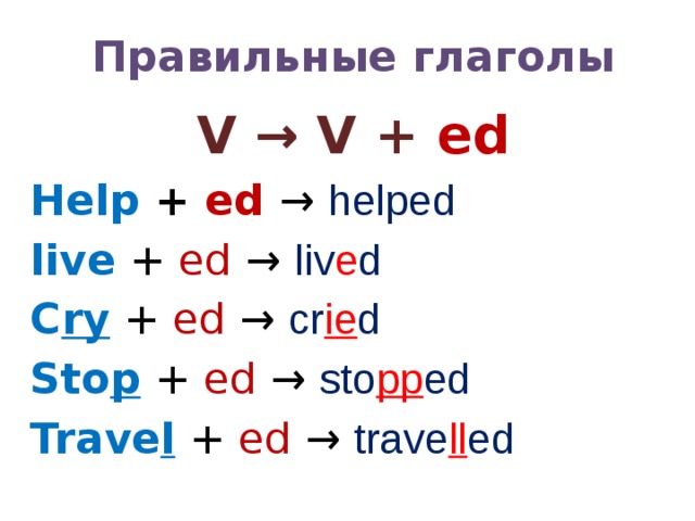 Правильные глаголы V → V + ed Help  +  ed  → helped live  +  ed  →  liv e d C ry +  ed → cr ie d Sto p  +  ed → sto pp ed Trave l  +  ed → trave ll ed