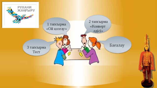 1 бұрыш «Алтын адам» шын мәнінде сақ ханзадасы «Бұрыштар» әдісі арқылы «Алтын адам» кім болды деген сұрақтың мүмкін төрт жауабын сыныптың төрт бұрышына орналастырамыз. 2 бұрыш  Сақ ханзадасының киімінің бәрі алтыннан болған соң «Алтын адам» деп аталды 4 бұрыш «Алтын адам» мен «Аң стилі» бір-бірімен тығыз байланысты 3 бұрыш «Алтын киімді адам» Қазақстанның ежелгі мәдениетінің жарқын үлгісі