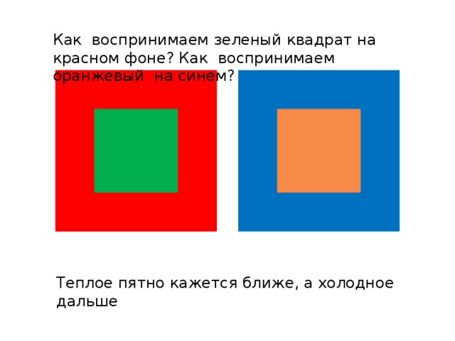 Как воспринимаем зеленый квадрат на красном фоне? Как воспринимаем оранжевый на синем? Теплое пятно кажется ближе, а холодное дальше