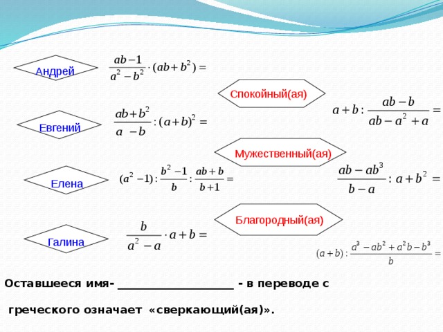 Андрей Спокойный(ая) Евгений Мужественный(ая) Елена Благородный(ая) Галина Оставшееся имя- _____________________ - в переводе с   греческого означает «сверкающий(ая)».