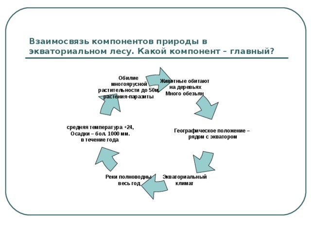 Взаимосвязь компонентов природы в экваториальном лесу. Какой компонент – главный? Обилие  многоярусной  растительности до 50м. растения-паразиты Животные обитают  на деревьях Много обезьян Географическое положение – рядом с экватором средняя температура +24, Осадки – бол. 1000 мм. в течение года Экваториальный  климат Реки полноводны  весь год