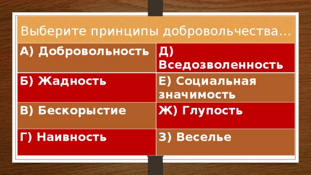 Выберите принципы добровольчества… А) Добровольность Д) Вседозволенность Б) Жадность Е) Социальная значимость В) Бескорыстие Ж) Глупость Г) Наивность З) Веселье