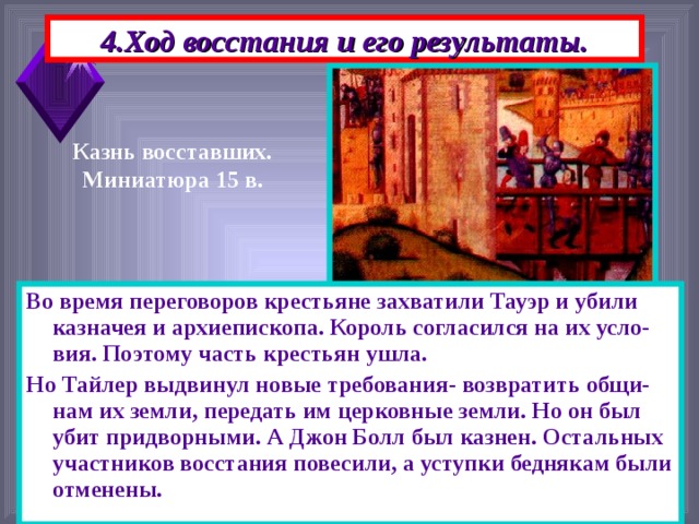 4.Ход восстания и его результаты. Казнь восставших. Миниатюра 15 в. Во время переговоров крестьяне захватили Тауэр и убили казначея и архиепископа. Король согласился на их усло-вия. Поэтому часть крестьян ушла. Но Тайлер выдвинул новые требования- возвратить общи-нам их земли, передать им церковные земли. Но он был убит придворными. А Джон Болл был казнен. Остальных участников восстания повесили, а уступки беднякам были отменены.