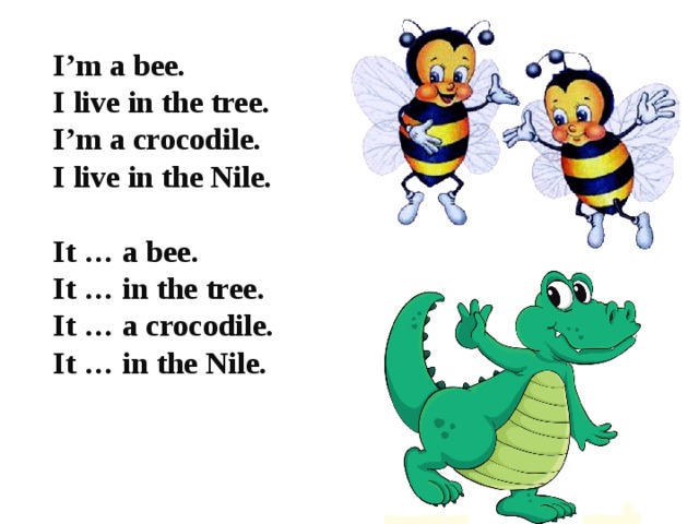 I’m a bee. I live in the tree. I’m a crocodile. I live in the Nile.  It … a bee. It … in the tree. It … a crocodile. It … in the Nile.