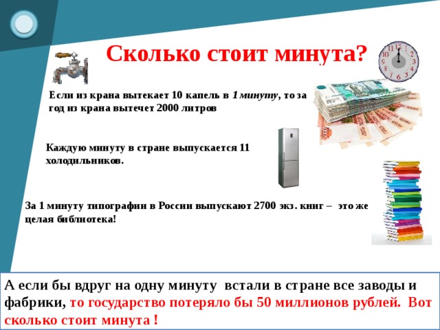 Сколько стоит минута? Если из крана вытекает 10 капель в 1 минуту , то за год из крана вытечет 2000 литров Каждую минуту в стране выпускается 11 холодильников. За 1 минуту типографии в России выпускают 2700 экз. книг – это же целая библиотека! А если бы вдруг на одну минуту встали в стране все заводы и фабрики, то государство потеряло бы 50 миллионов рублей. Вот сколько стоит минута !