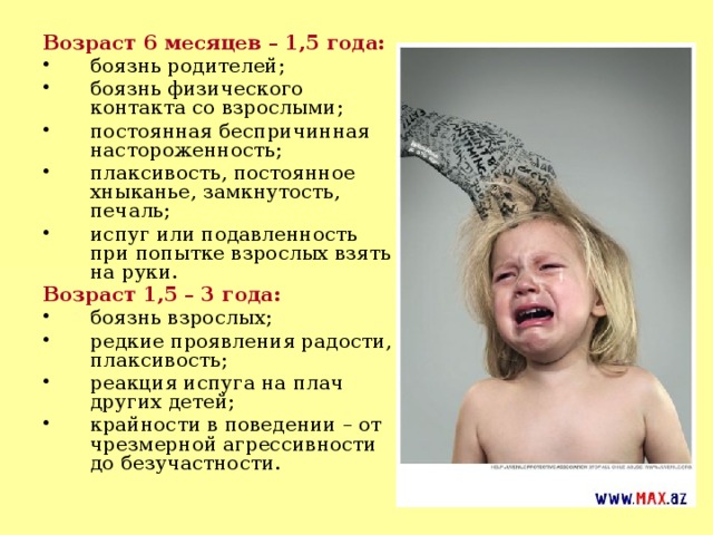 Возраст 6 месяцев – 1,5 года: боязнь родителей; боязнь физического контакта со взрослыми; постоянная беспричинная настороженность; плаксивость, постоянное хныканье, замкнутость, печаль; испуг или подавленность при попытке взрослых взять на руки. Возраст 1,5 – 3 года: