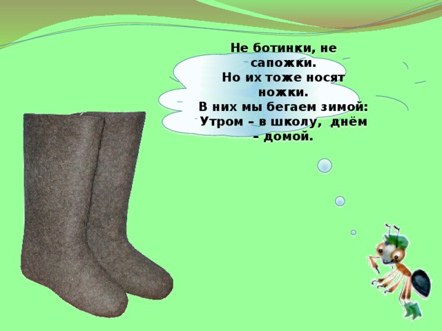 Не ботинки, не сапожки. Но их тоже носят ножки. В них мы бегаем зимой: Утром – в школу, днём – домой.