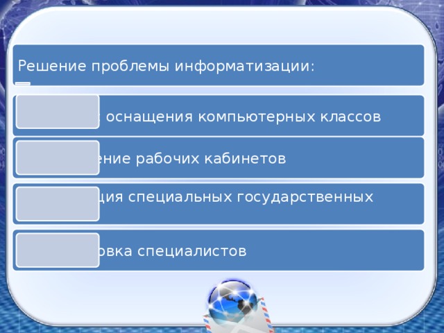 Решение проблемы информатизации: 1. Процесс оснащения компьютерных классов 2. Оснащение рабочих кабинетов 3.Реализация специальных государственных программ 4. Подготовка специалистов