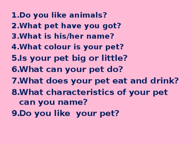 Do you like animals? What pet have you got? What is his/her name? What colour is your pet? Is your pet big or little? What can your pet do? What does your pet eat and drink? What characteristics of your pet can you name? Do you like your pet?